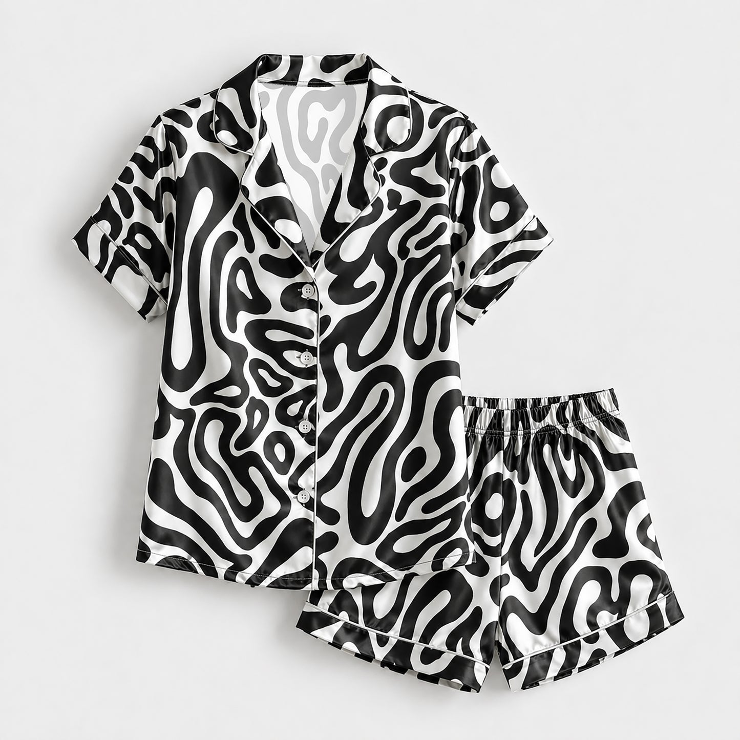 PJ-137-Black White Wavy Satin Pajama Set, Silky Button Up PJs, Modern Abstract Pattern Sleepwear, Matching Lounge Set Gift FREE SHIPING