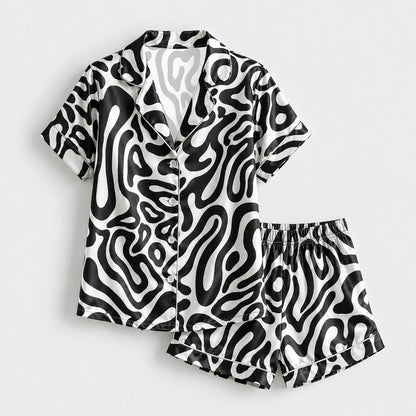 PJ-137-Black White Wavy Satin Pajama Set, Silky Button Up PJs, Modern Abstract Pattern Sleepwear, Matching Lounge Set Gift FREE SHIPING