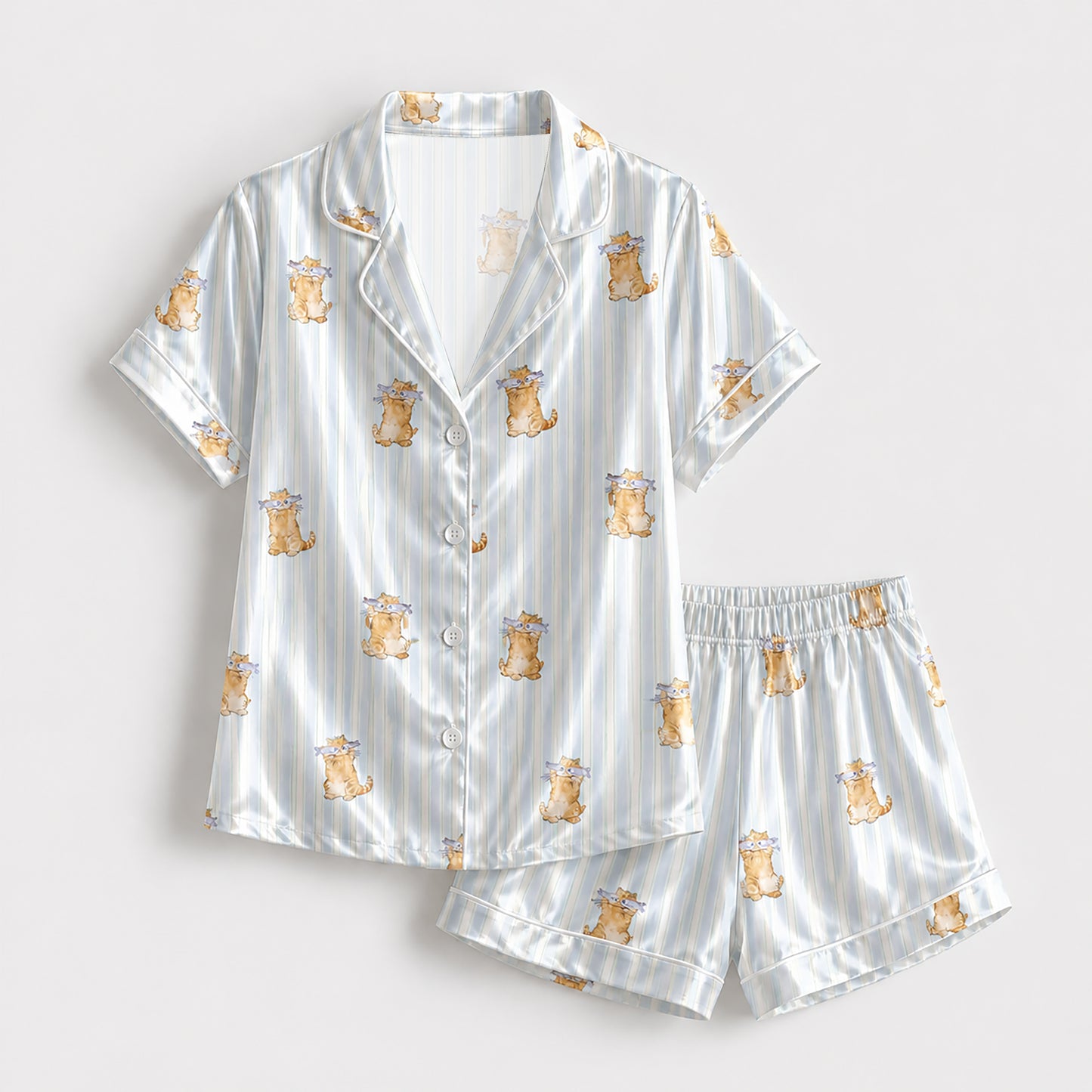 PJ-138-Cute Cat Blue Striped Pajama Set, Silky Satin PJs, Funny Cat Lover Gift, Bridal Party Sleepwear, Cozy Morning Loungewear FREE SHIPING