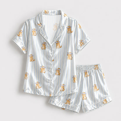 PJ-138-Cute Cat Blue Striped Pajama Set, Silky Satin PJs, Funny Cat Lover Gift, Bridal Party Sleepwear, Cozy Morning Loungewear FREE SHIPING
