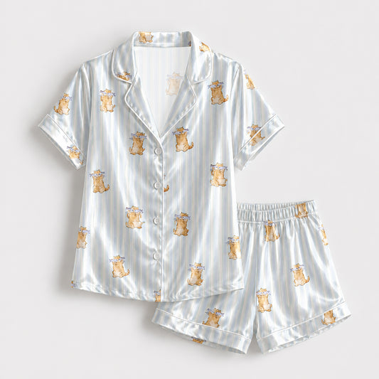 PJ-138-Cute Cat Blue Striped Pajama Set, Silky Satin PJs, Funny Cat Lover Gift, Bridal Party Sleepwear, Cozy Morning Loungewear FREE SHIPING