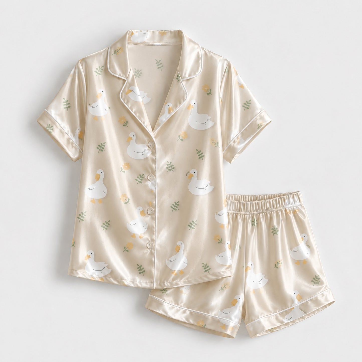 PJ-139-Unisex Cream Satin Pajama Set with White Duck Pattern Button Down Shirt and Pants FREE SHIPING