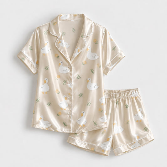 PJ-139-Unisex Cream Satin Pajama Set with White Duck Pattern Button Down Shirt and Pants FREE SHIPPING