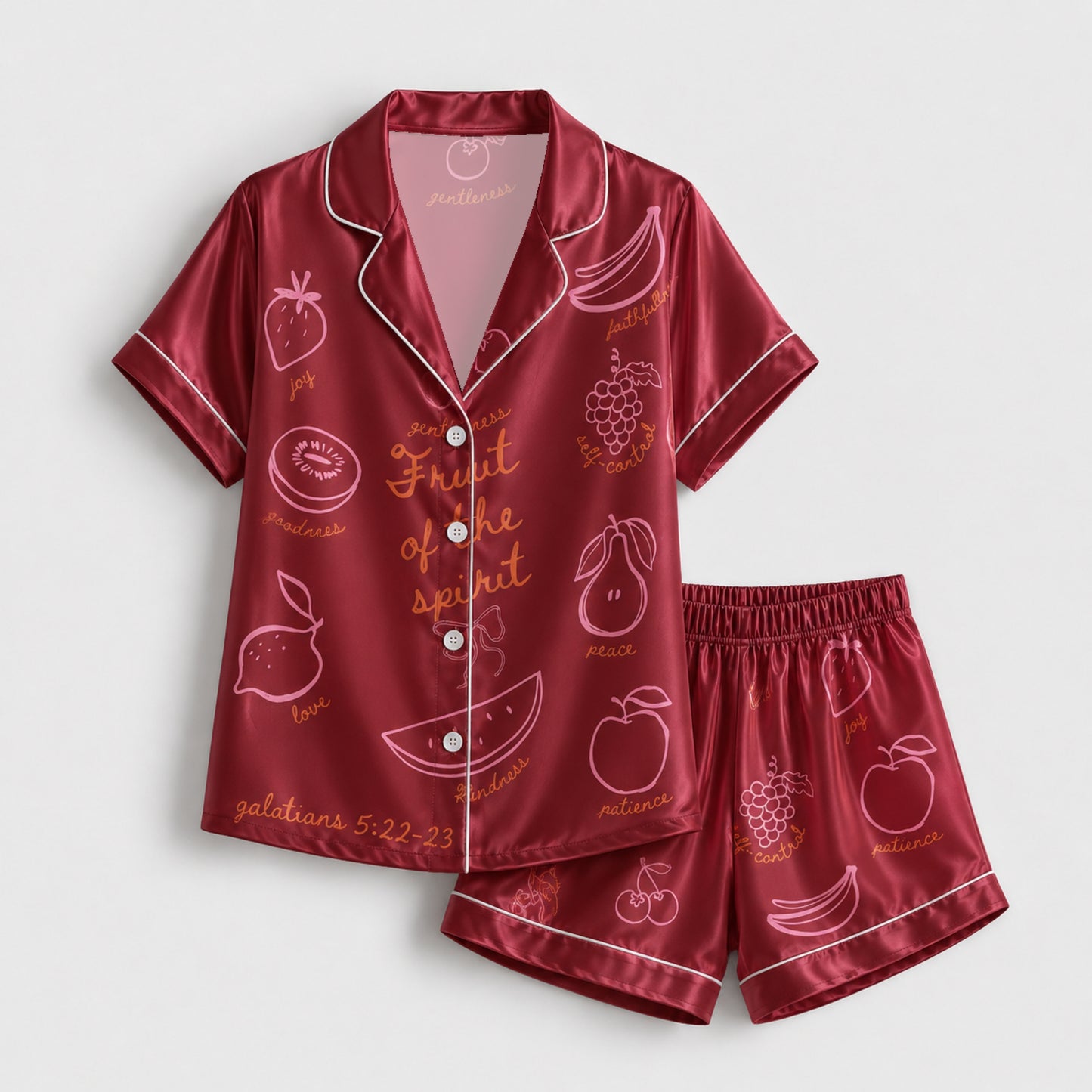 PJ-140-Unisex Satin Pajamas with Fruit of the Spirit Burgundy Print Button Front Sleepwear Set FREE SHIPING