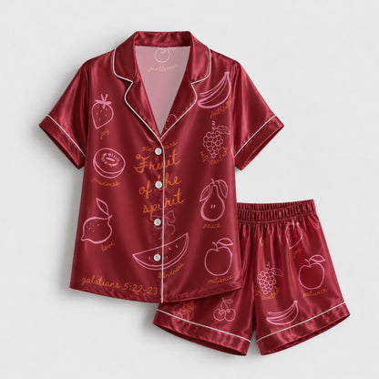 PJ-140-Unisex Satin Pajamas with Fruit of the Spirit Burgundy Print Button Front Sleepwear Set FREE SHIPING