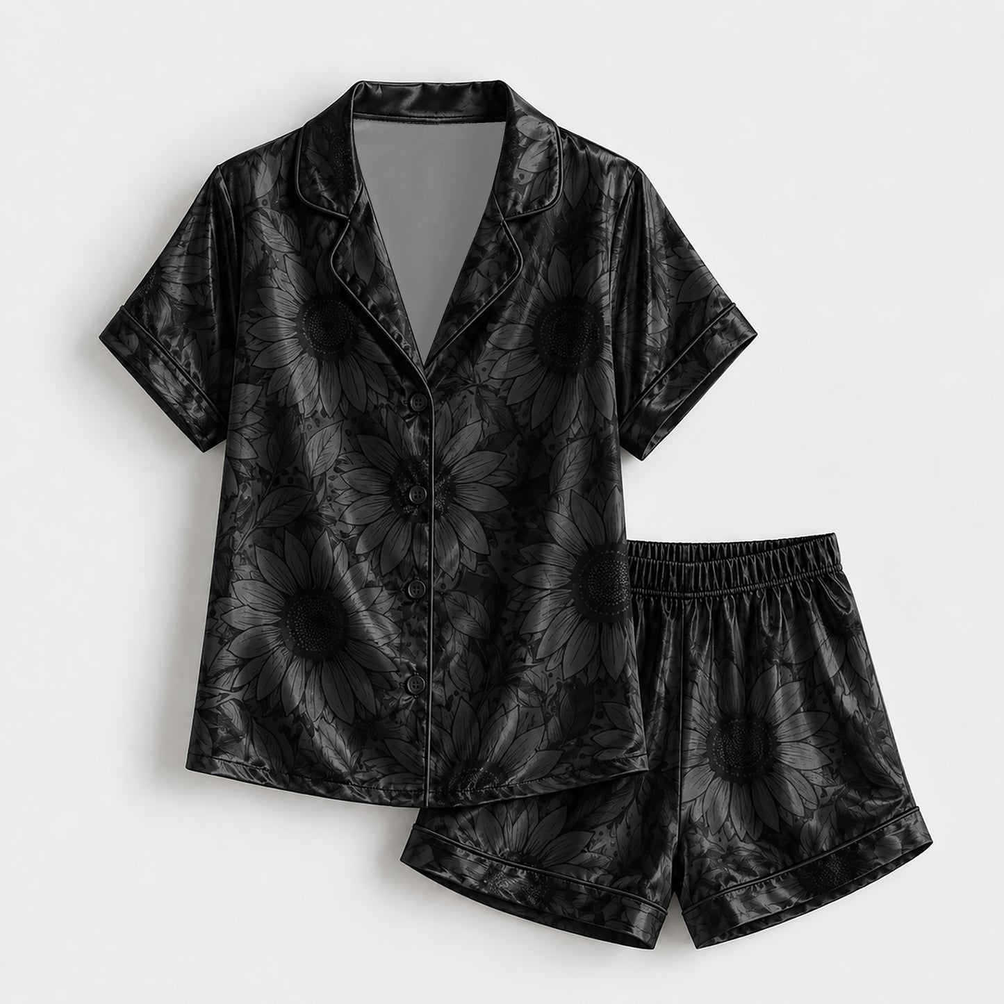PJ-141-Unisex Satin Pajama Set with Black Sunflower Print Button Down Sleepwear Shirt and Pants FREE SHIPING