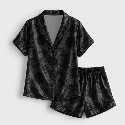PJ-141-Unisex Satin Pajama Set with Black Sunflower Print Button Down Sleepwear Shirt and Pants FREE SHIPING