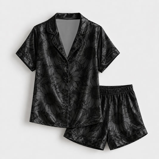 PJ-141-Unisex Satin Pajama Set with Black Sunflower Print Button Down Sleepwear Shirt and Pants FREE SHIPPING