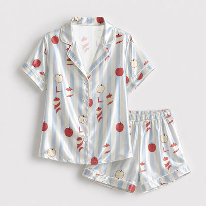 PJ-142-Unisex Satin Pajama Set with Red Apple Print Blue Striped Button Down Sleepwear Shirt and Pants FREE SHIPING