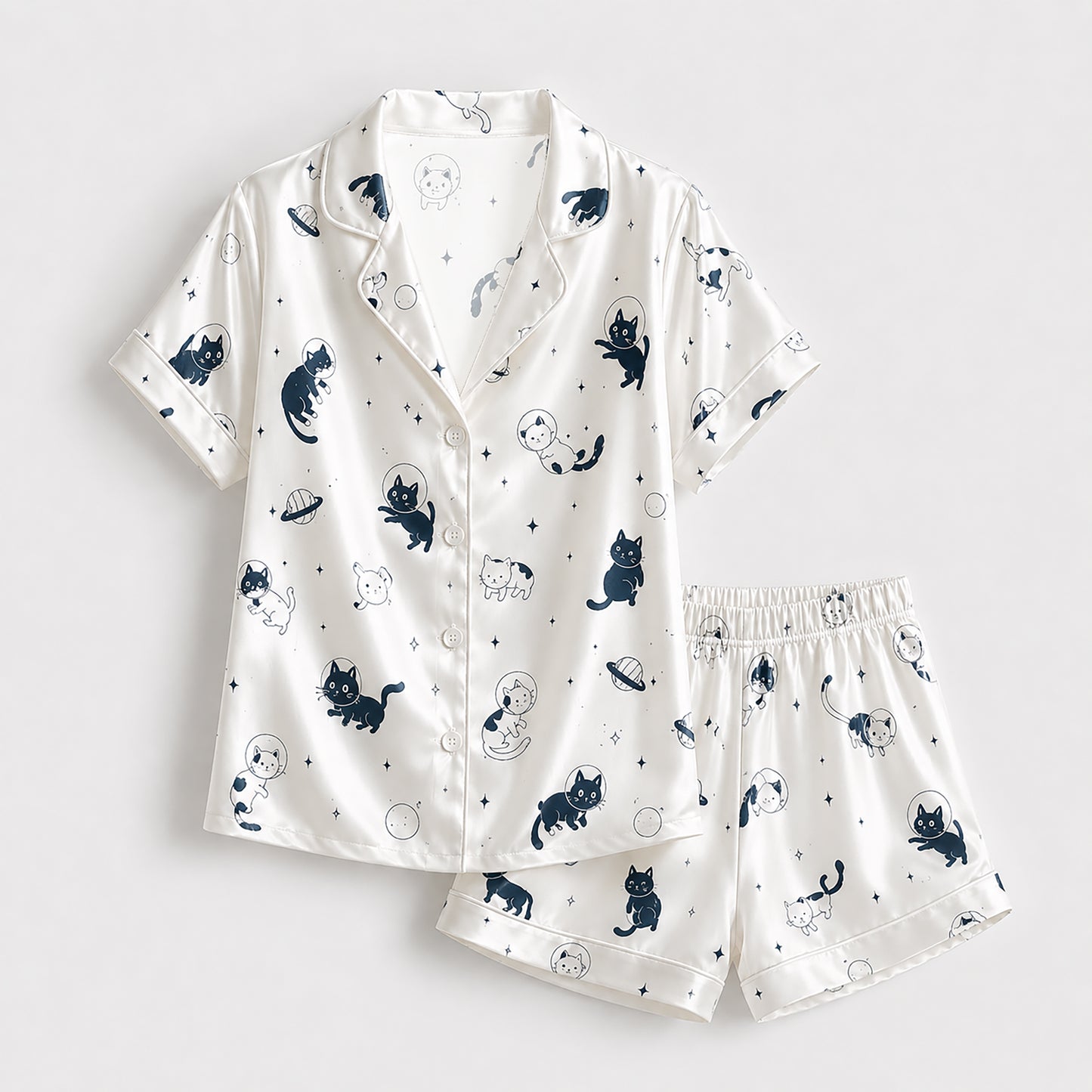 PJ-143-Unisex Satin Pajamas with Astronaut Cat Print White Button Front Sleepwear Set FREE SHIPING