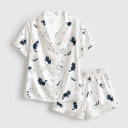 PJ-143-Unisex Satin Pajamas with Astronaut Cat Print White Button Front Sleepwear Set FREE SHIPING