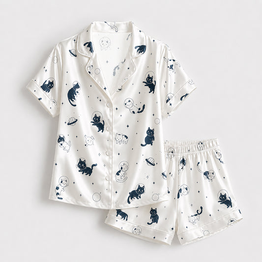 PJ-143-Unisex Satin Pajamas with Astronaut Cat Print White Button Front Sleepwear Set FREE SHIPPING