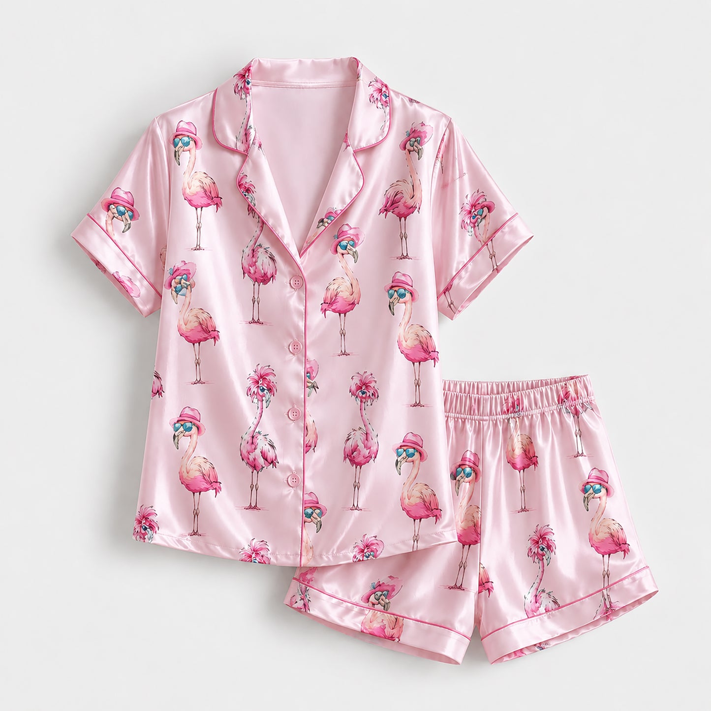 PJ-144-Women Pink Satin Pajamas with Flamingo Print Button Front Sleepwear Shirt and Pants FREE SHIPING