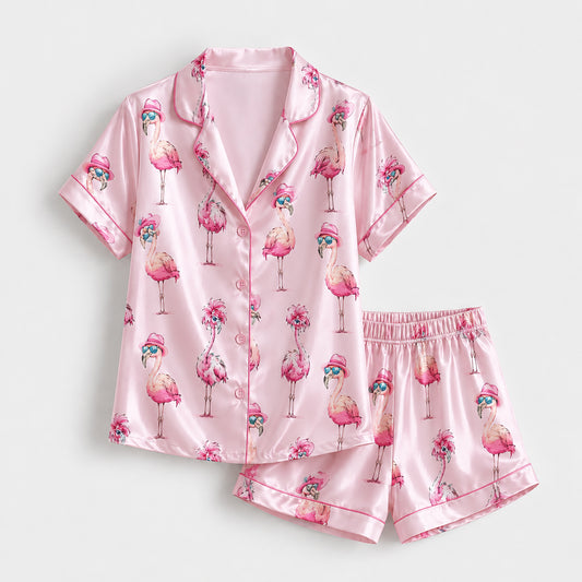 PJ-144-Women Pink Satin Pajamas with Flamingo Print Button Front Sleepwear Shirt and Pants FREE SHIPPING