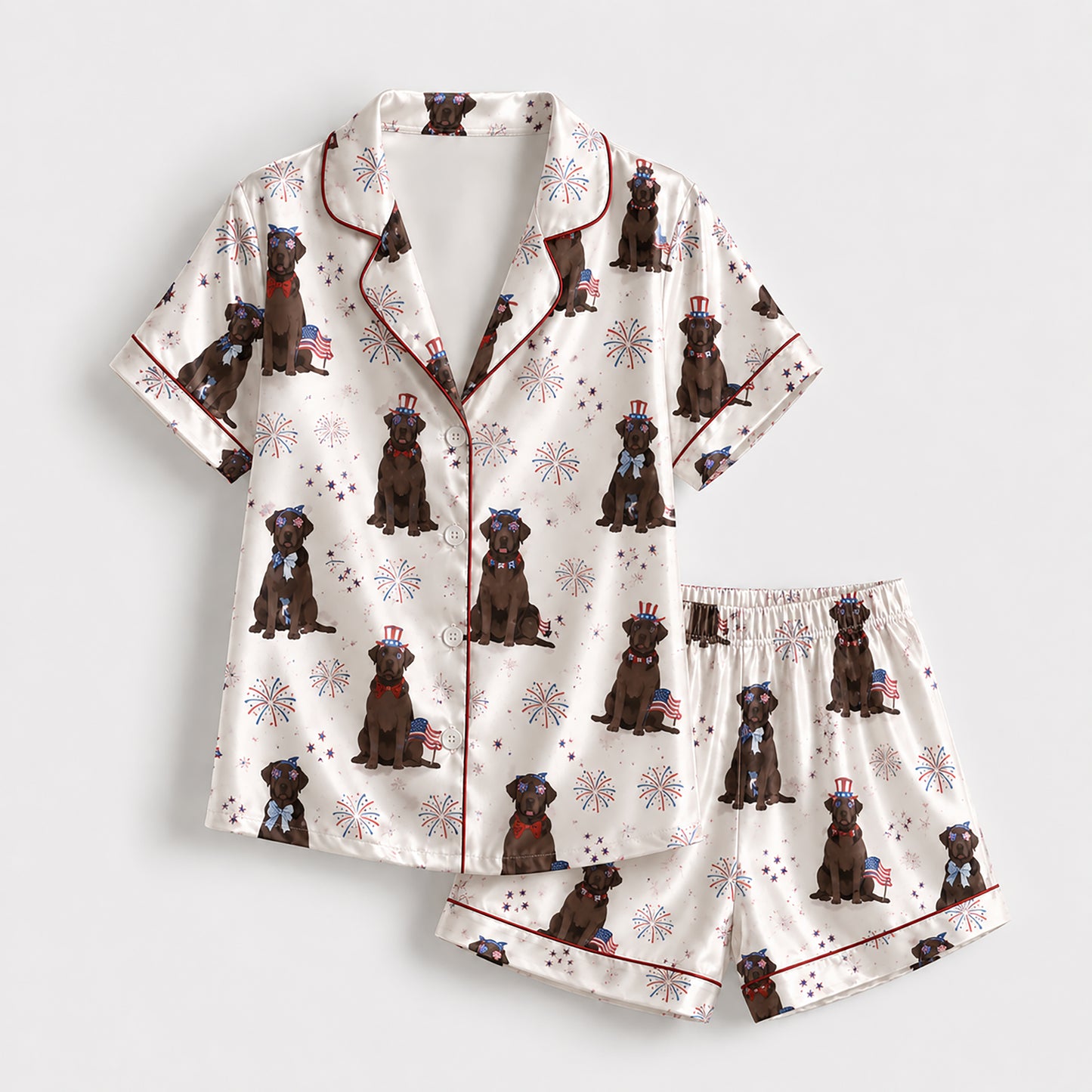 PJ-145-Unisex Chocolate Labrador Dog Satin Pajamas Patriotic 4th Of July Loungewear Sleepwear Nightwear Pjs Two Piece FREE SHIPING