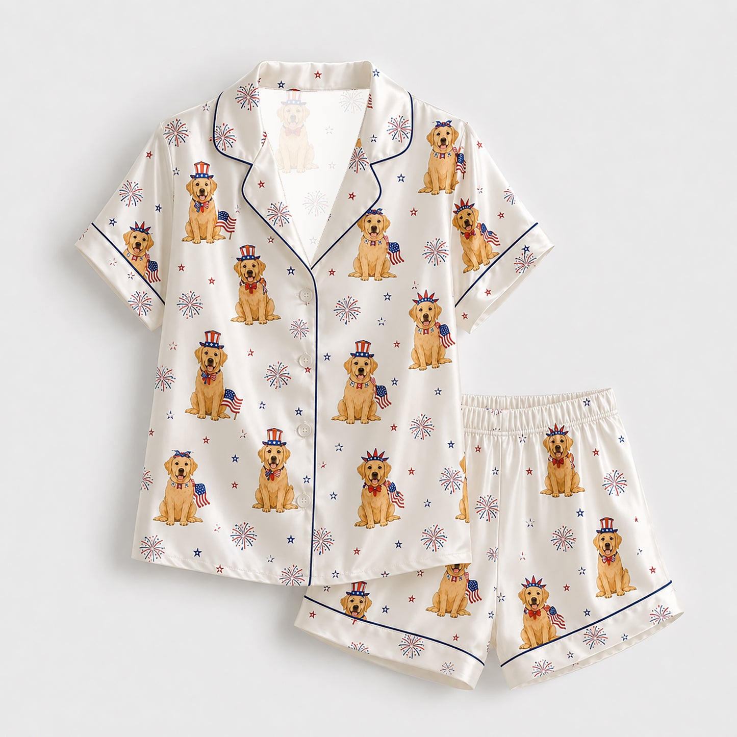PJ-146-White Unisex Satin Golden Lab Pattern Pajamas Patriotic Fireworks Loungewear Sleepwear Nightwear Apparel Matching Set FREE SHIPING