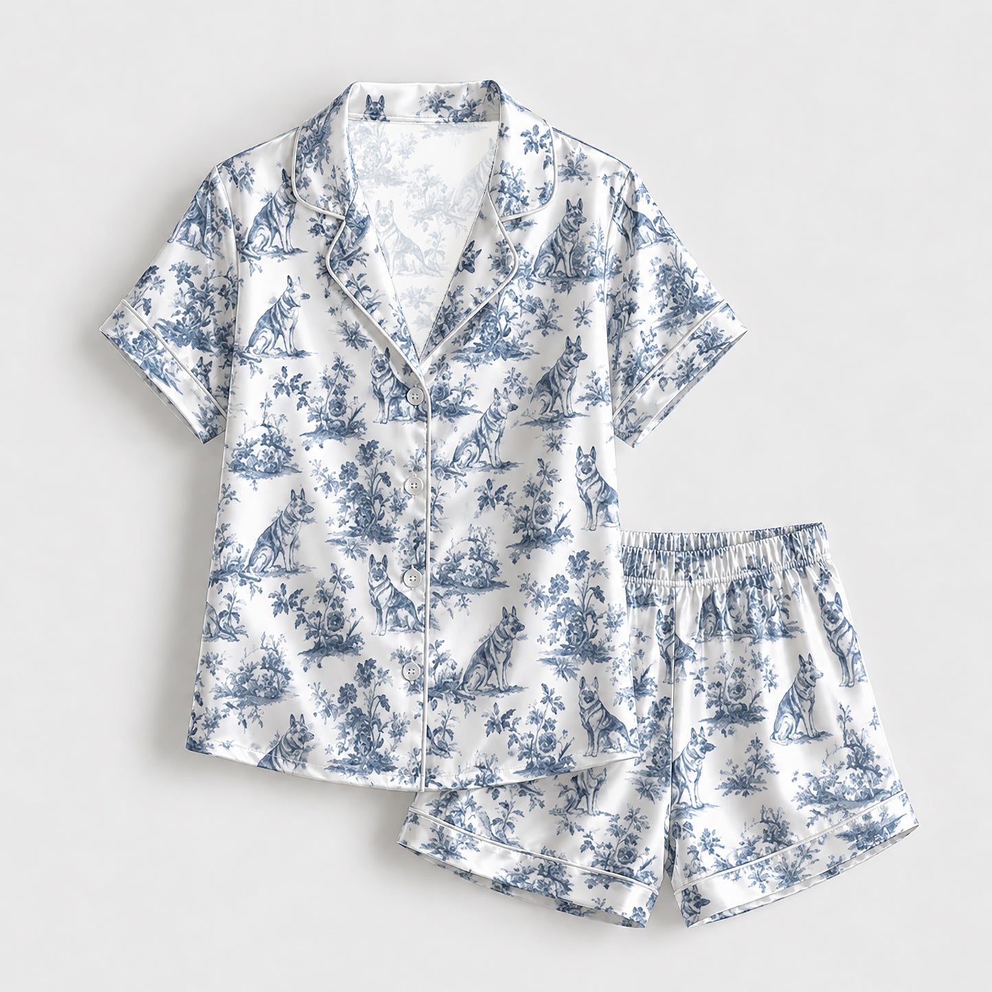 PJ-147-Unisex Satin Pajama Set with Blue Dog Toile Print Button Down Sleepwear Shirt and Pants FREE SHIPING
