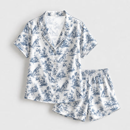 PJ-147-Unisex Satin Pajama Set with Blue Dog Toile Print Button Down Sleepwear Shirt and Pants FREE SHIPING