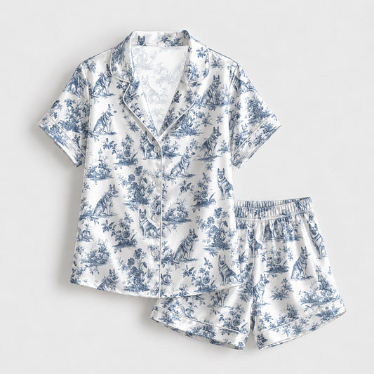 PJ-147-Unisex Satin Pajama Set with Blue Dog Toile Print Button Down Sleepwear Shirt and Pants FREE SHIPPING