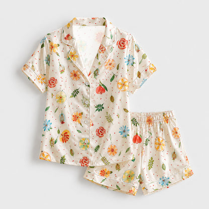 PJ-148-Women Satin Pajamas with Colorful Flower Print Button Front Sleepwear Shirt and Pants FREE SHIPING