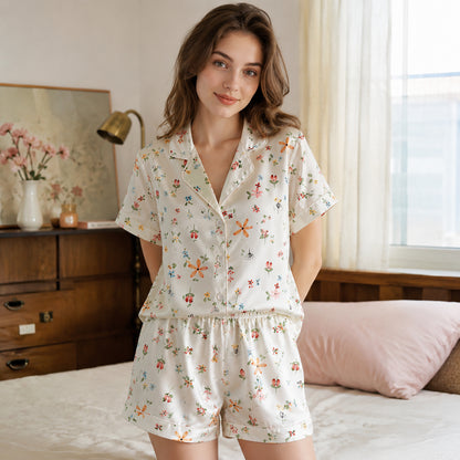 PJ-149-Women Satin Pajama Set with Dainty Floral Print Button Down Sleepwear Shirt and Pants FREE SHIPING