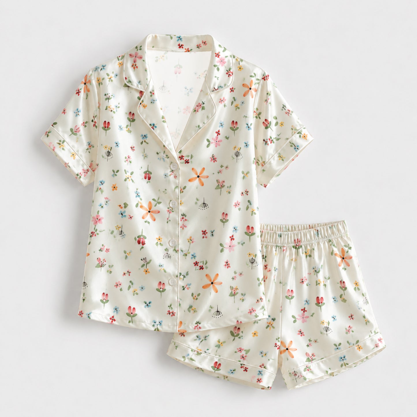 PJ-149-Women Satin Pajama Set with Dainty Floral Print Button Down Sleepwear Shirt and Pants FREE SHIPING
