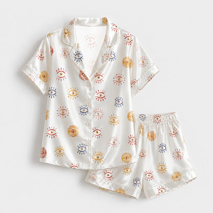 PJ-150-Unisex Satin Pajama Set with Evil Eye Sun Print White Button Down Sleepwear FREE SHIPING