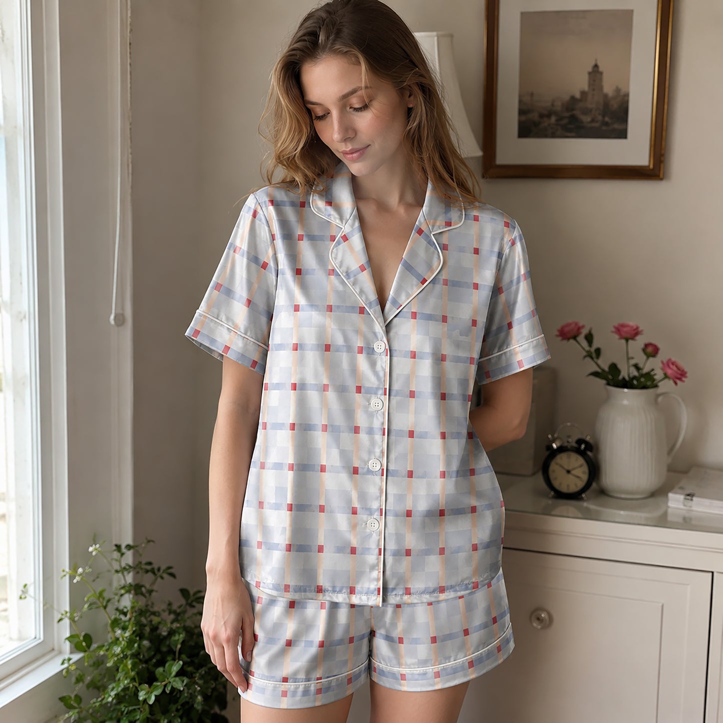 PJ-151-Unisex Satin Pajama Set with Blue Plaid Print Button Down Sleepwear Shirt and Pants FREE SHIPING