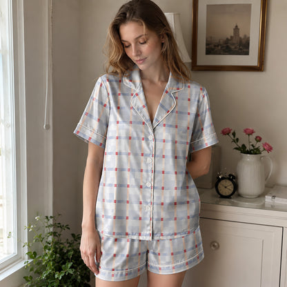 PJ-151-Unisex Satin Pajama Set with Blue Plaid Print Button Down Sleepwear Shirt and Pants FREE SHIPING