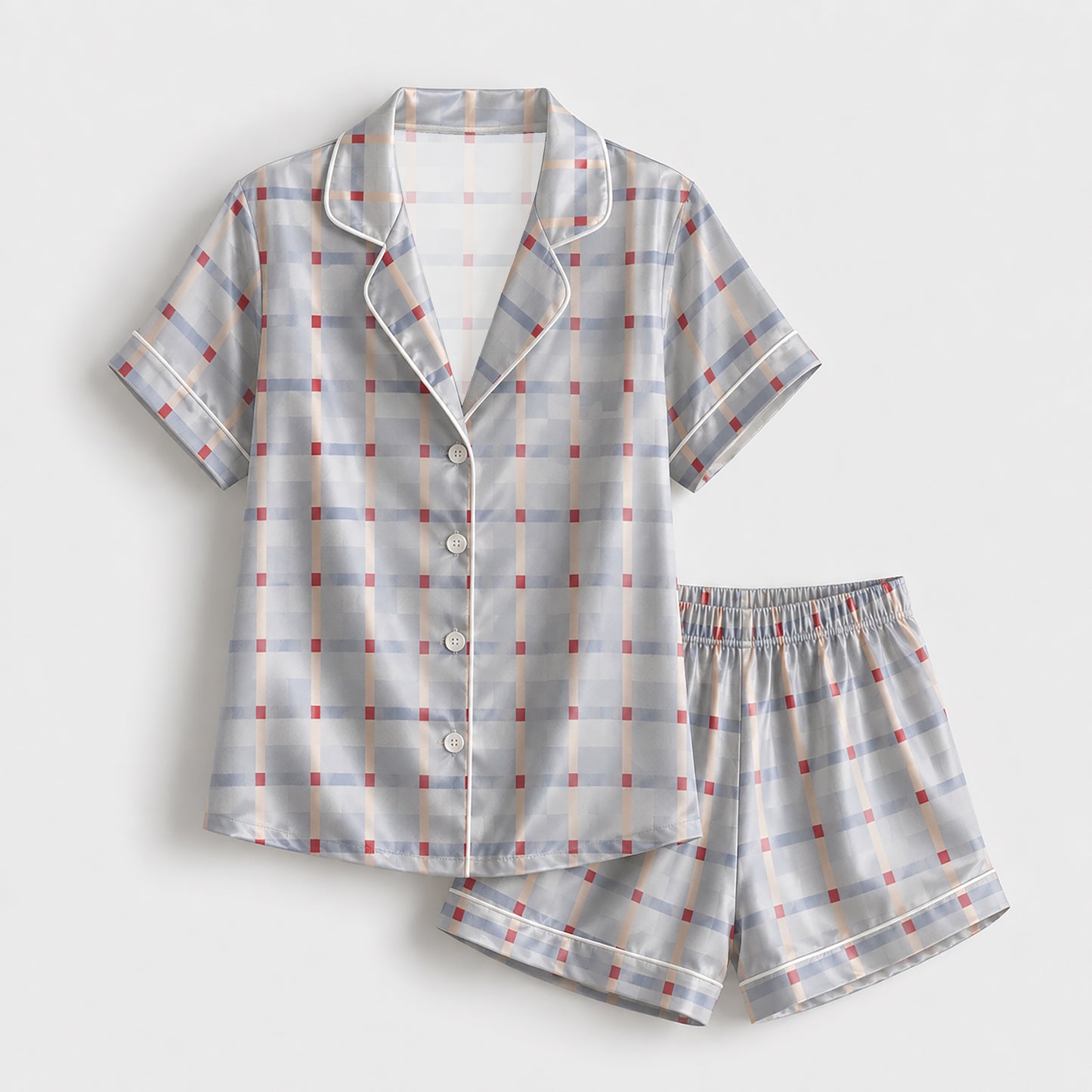 PJ-151-Unisex Satin Pajama Set with Blue Plaid Print Button Down Sleepwear Shirt and Pants FREE SHIPING