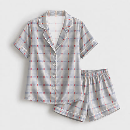 PJ-151-Unisex Satin Pajama Set with Blue Plaid Print Button Down Sleepwear Shirt and Pants FREE SHIPING