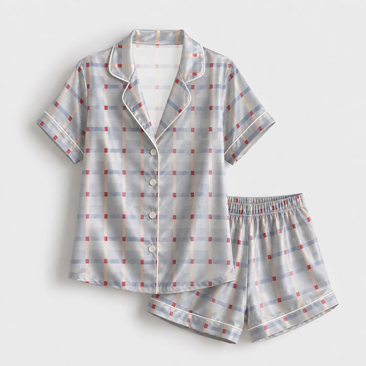 PJ-151-Unisex Satin Pajama Set with Blue Plaid Print Button Down Sleepwear Shirt and Pants FREE SHIPPING
