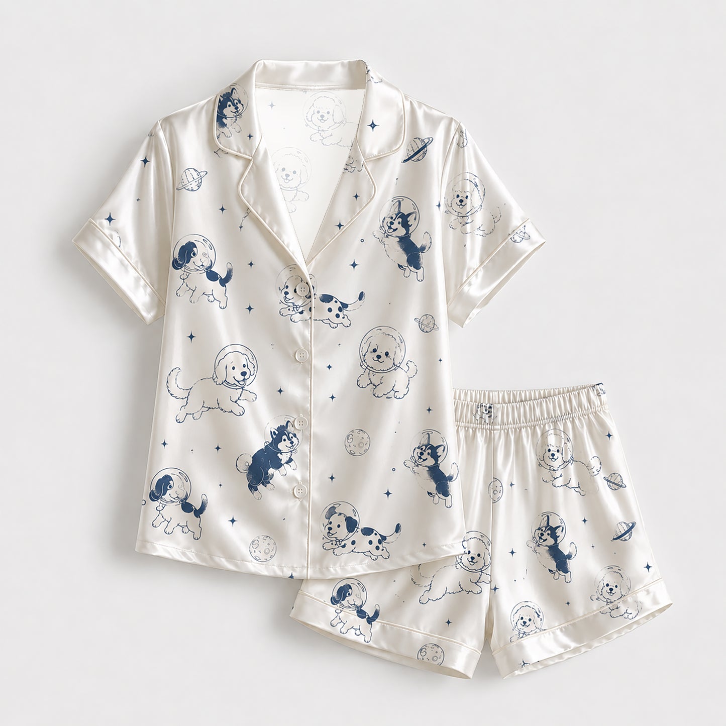 PJ-152-Unisex Satin Pajama Set with Space Dog Print White Button Down Sleepwear Shirt and Pants FREE SHIPING