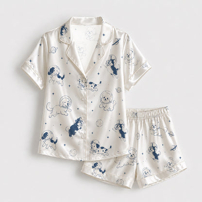 PJ-152-Unisex Satin Pajama Set with Space Dog Print White Button Down Sleepwear Shirt and Pants FREE SHIPING