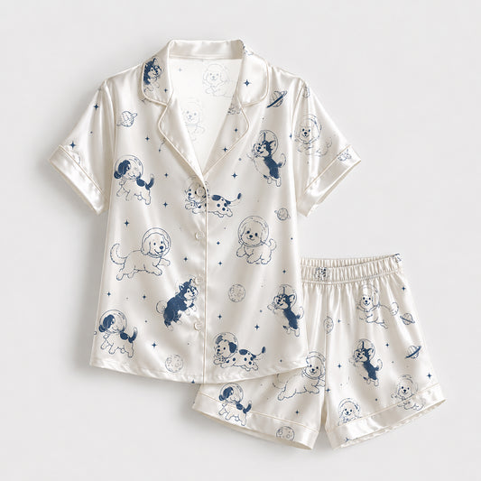 PJ-152-Unisex Satin Pajama Set with Space Dog Print White Button Down Sleepwear Shirt and Pants FREE SHIPPING