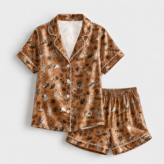 PJ-153-Brown Unisex Satin Taco Pattern Pajamas Mexican Food Theme Loungewear Sleepwear Nightwear Apparel Matching Set FREE SHIPPING