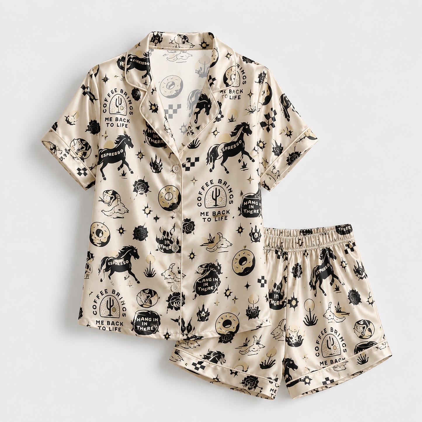 PJ-154-Satin Beige Desert Espresso Graphic Black Piping Button Up Pajama Set FREE SHIPING