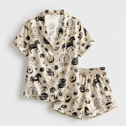 PJ-154-Satin Beige Desert Espresso Graphic Black Piping Button Up Pajama Set FREE SHIPING