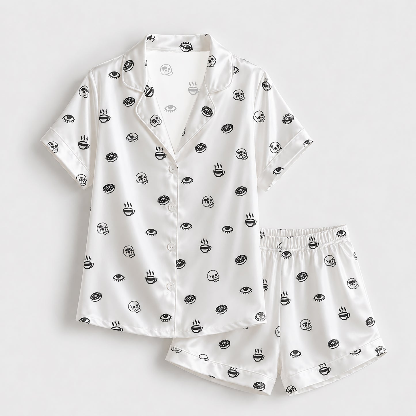 PJ-155-Unisex Satin Pajama Set with Black Skull Eye Print White Button Down Sleepwear Shirt and Bottoms FREE SHIPING
