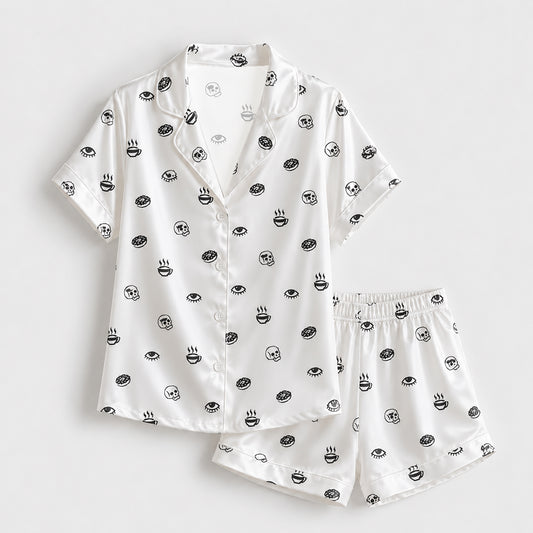 PJ-155-Unisex Satin Pajama Set with Black Skull Eye Print White Button Down Sleepwear Shirt and Bottoms FREE SHIPPING