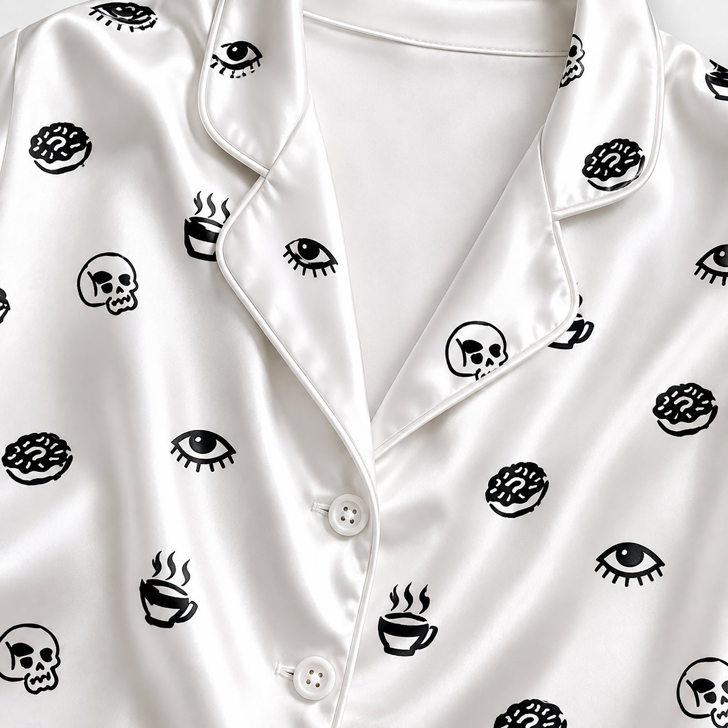 PJ-155-Unisex Satin Pajama Set with Black Skull Eye Print White Button Down Sleepwear Shirt and Bottoms FREE SHIPING