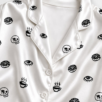 PJ-155-Unisex Satin Pajama Set with Black Skull Eye Print White Button Down Sleepwear Shirt and Bottoms FREE SHIPING