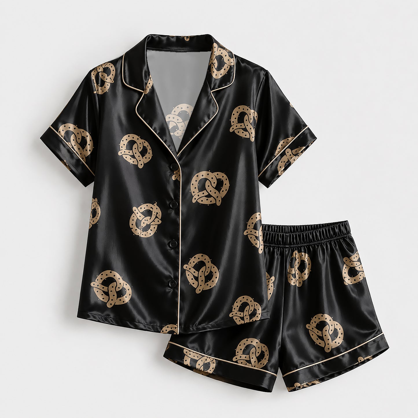 PJ-156-Satin Black Pretzel Gold Piping Button Up Pajama Set FREE SHIPING