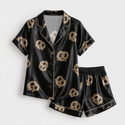 PJ-156-Satin Black Pretzel Gold Piping Button Up Pajama Set FREE SHIPING