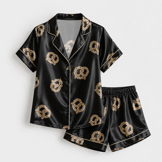PJ-156-Satin Black Pretzel Gold Piping Button Up Pajama Set FREE SHIPPING