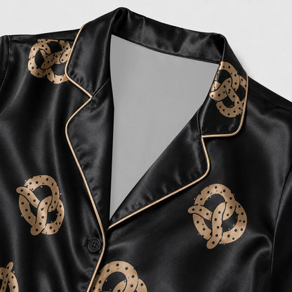 PJ-156-Satin Black Pretzel Gold Piping Button Up Pajama Set FREE SHIPING