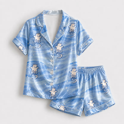 PJ-157-Satin Sky Blue Celestial Kitty White Piping Button Up Pajama Set FREE SHIPING