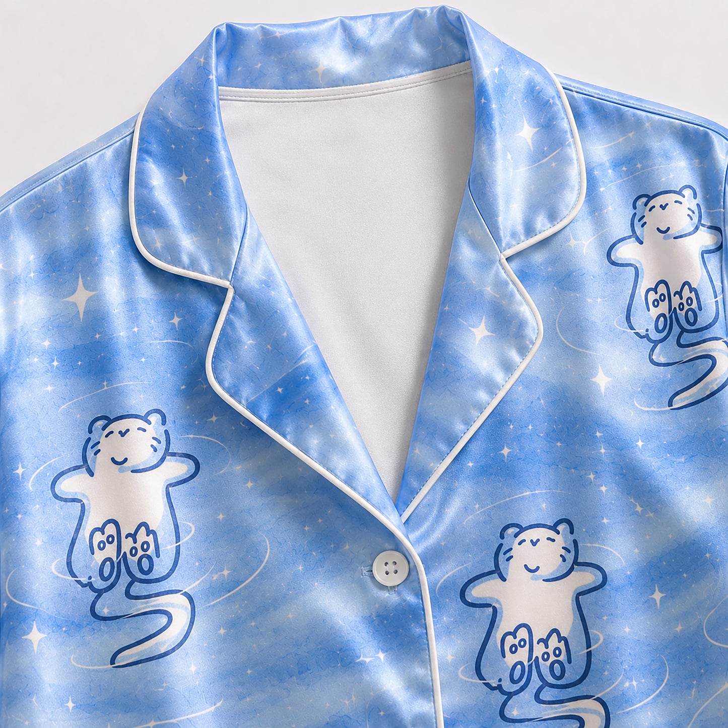 PJ-157-Satin Sky Blue Celestial Kitty White Piping Button Up Pajama Set FREE SHIPING