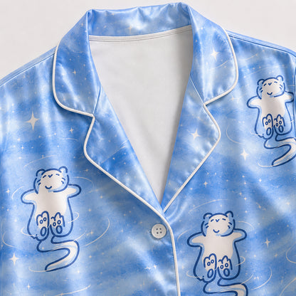 PJ-157-Satin Sky Blue Celestial Kitty White Piping Button Up Pajama Set FREE SHIPING