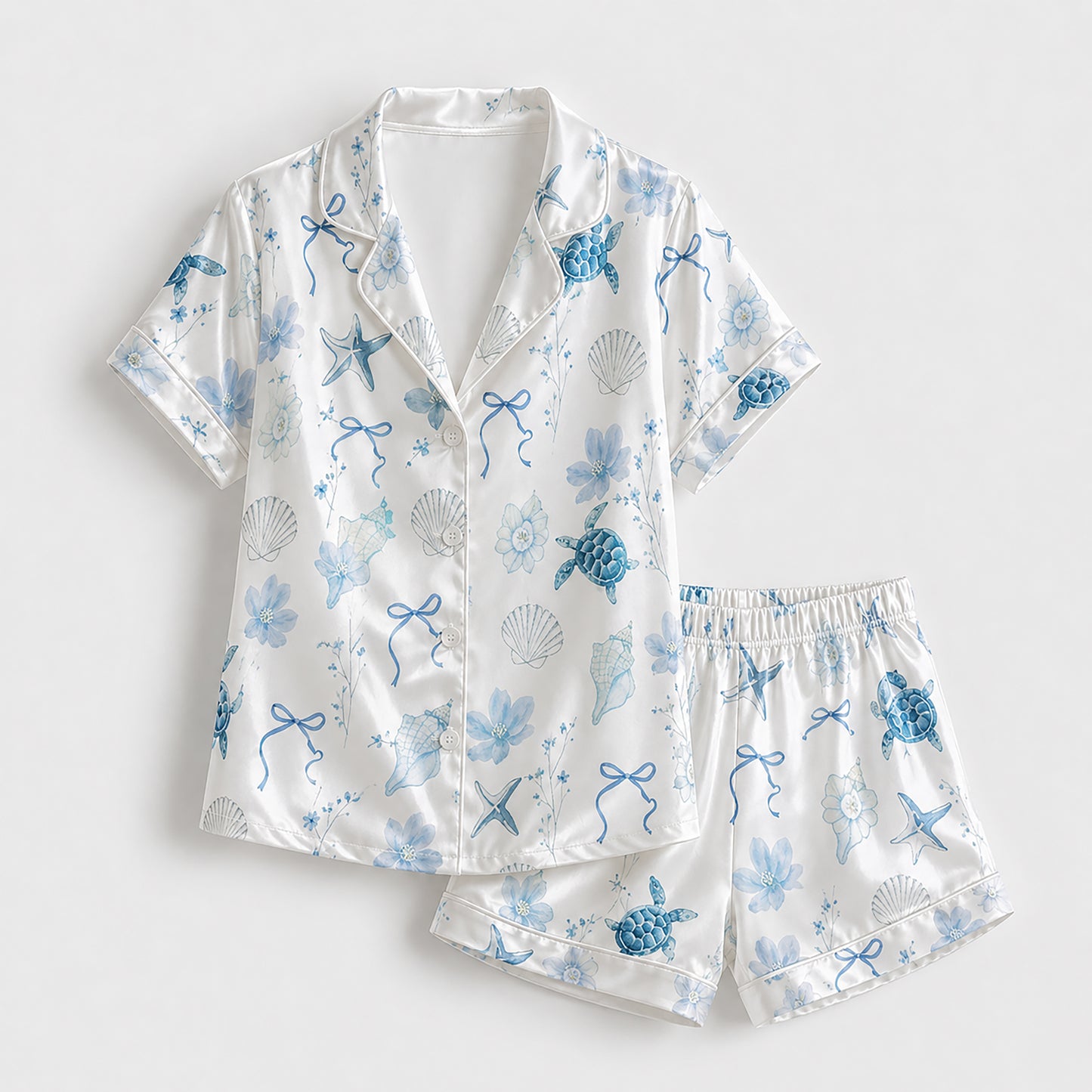 PJ-158-Satin White Watercolor Turtle Classic Piping Button Up Pajama Set FREE SHIPING